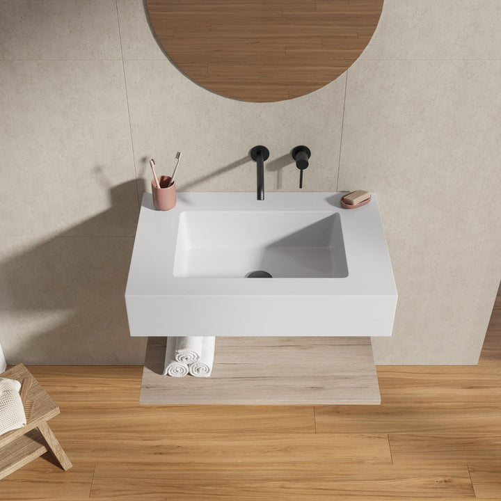 Washbasin 60 cm matt white with oak shelf - Agua