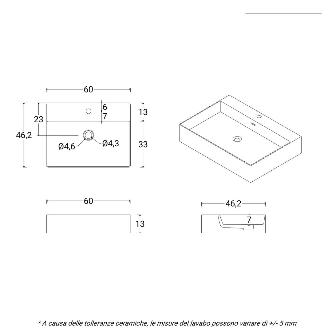 60 x 13h cm glossy white ceramic washbasin - Script