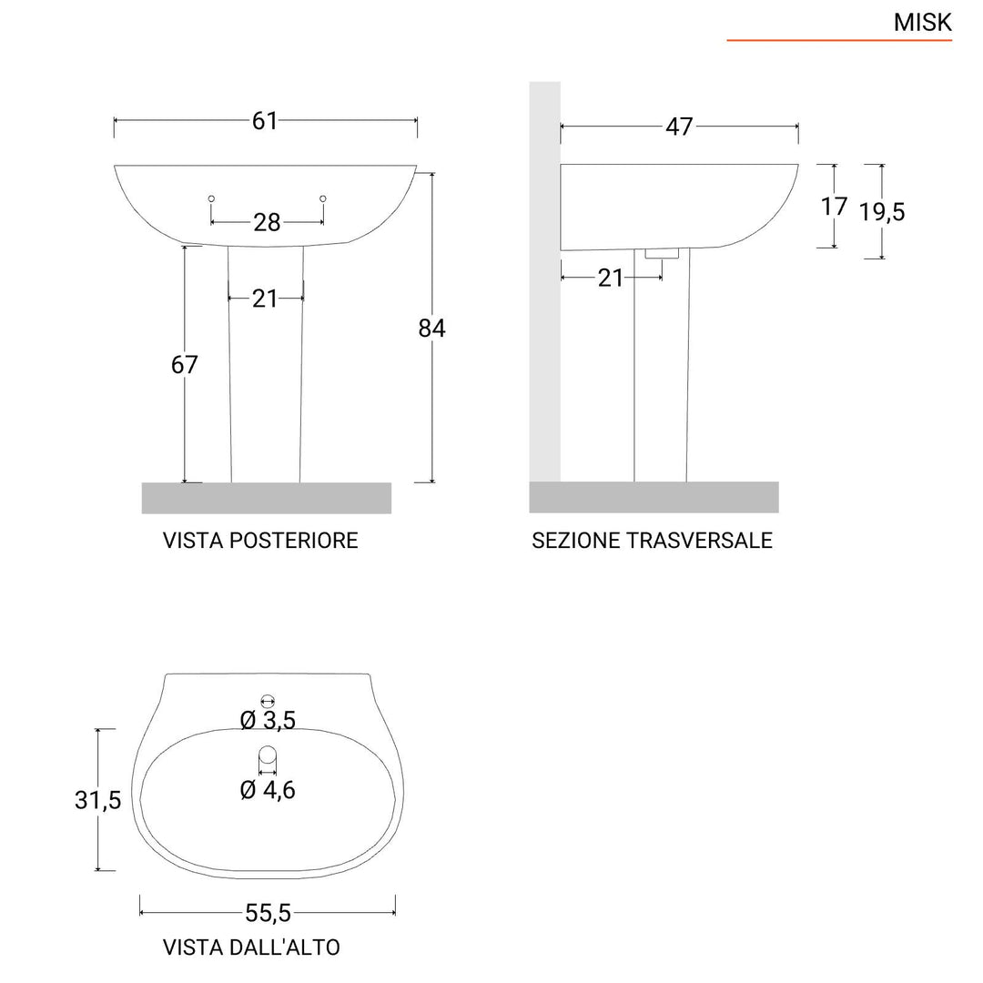 61 cm white ceramic pedestal washbasin - Misk