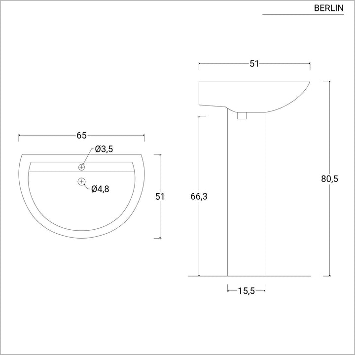 65cm White Ceramic Pedestal Washbasin - Perth