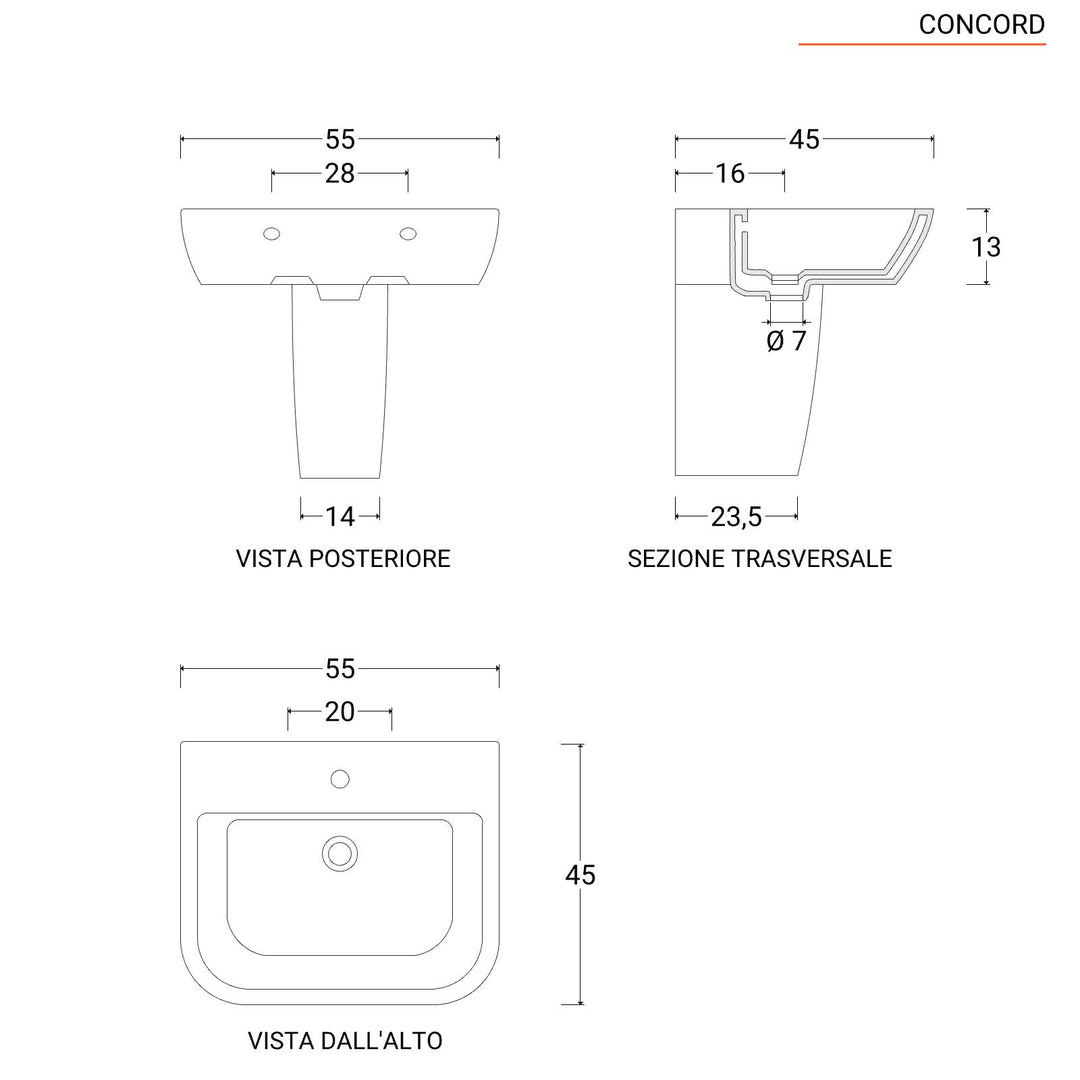 55 cm white ceramic semi-column washbasin - Concord