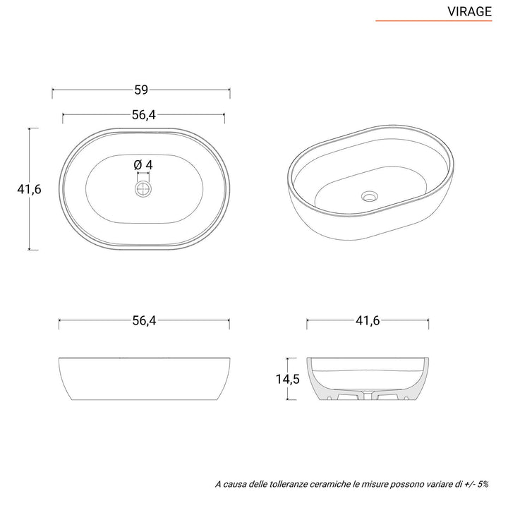 Countertop washbasin 59x41 cm in black ceramic with marble effect - Virage