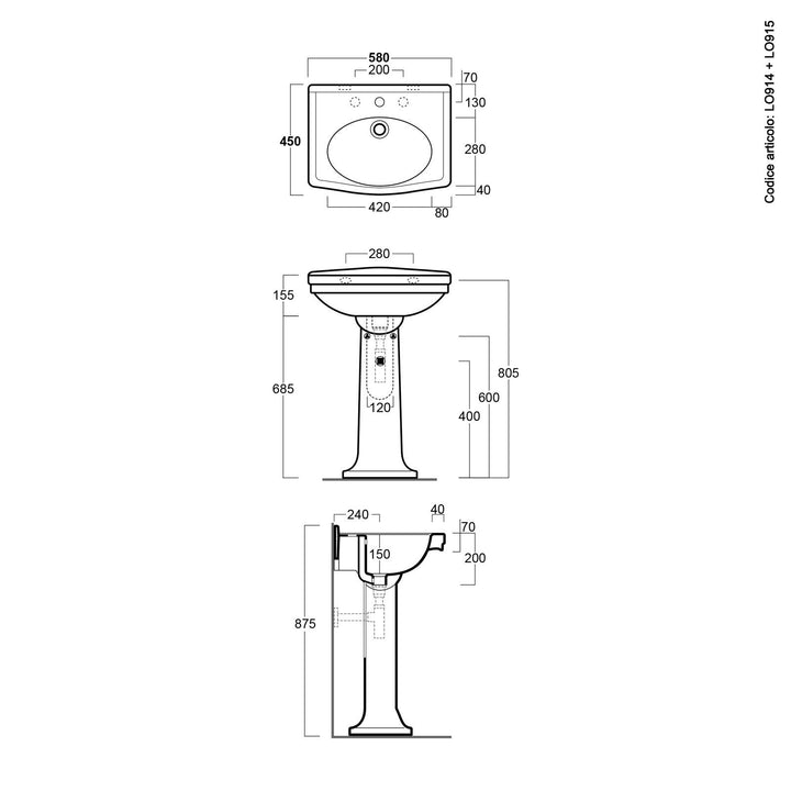 Single hole washbasin 58 cm with white ceramic column - Londra by Simas
