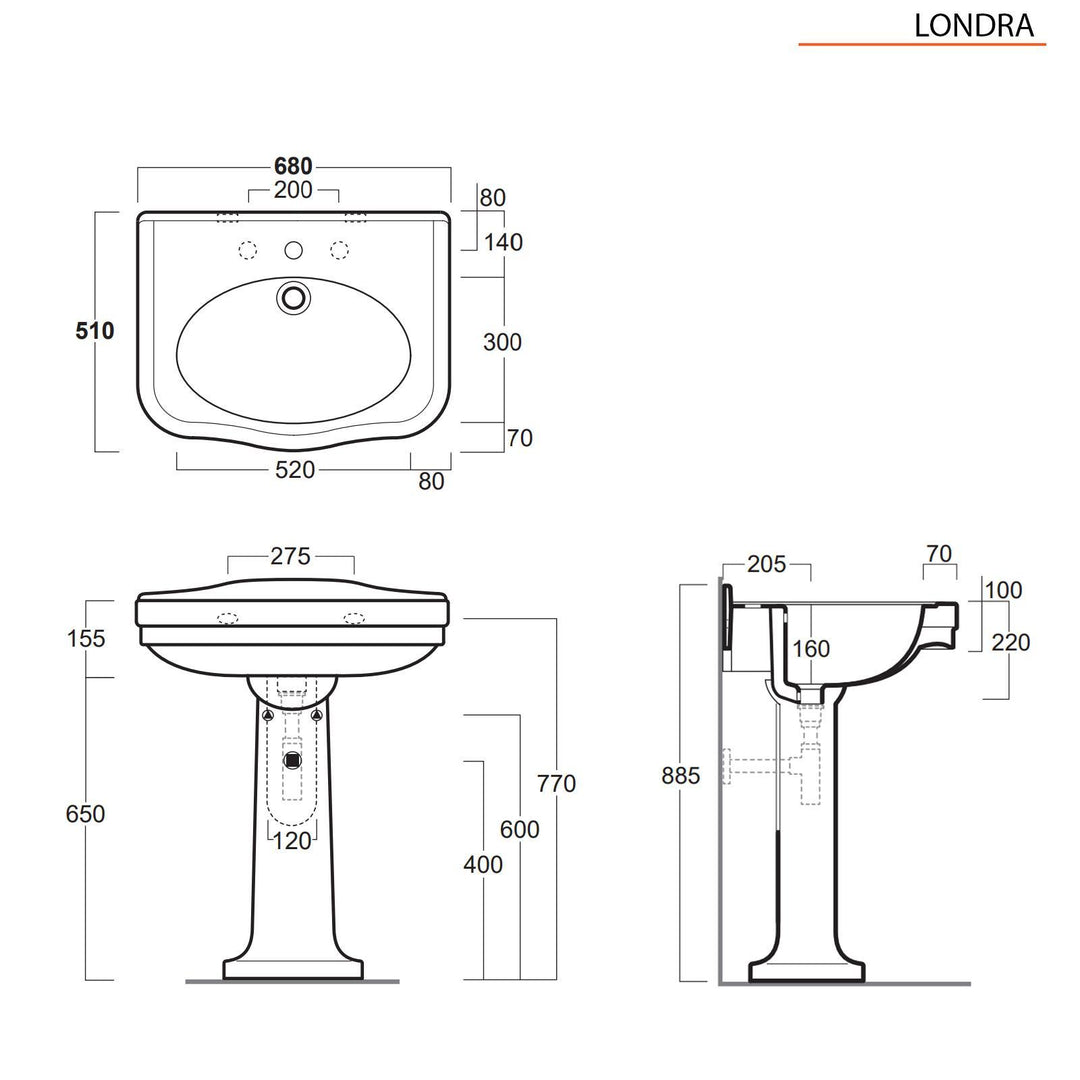 Single hole washbasin 68 cm with white ceramic column - Londra by Simas