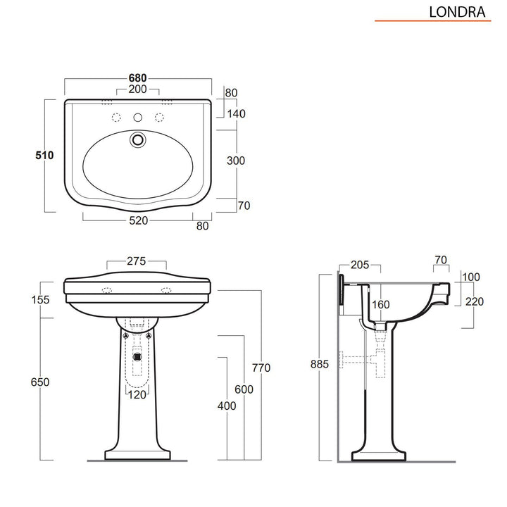 Single hole washbasin 68 cm with white ceramic column - Londra by Simas