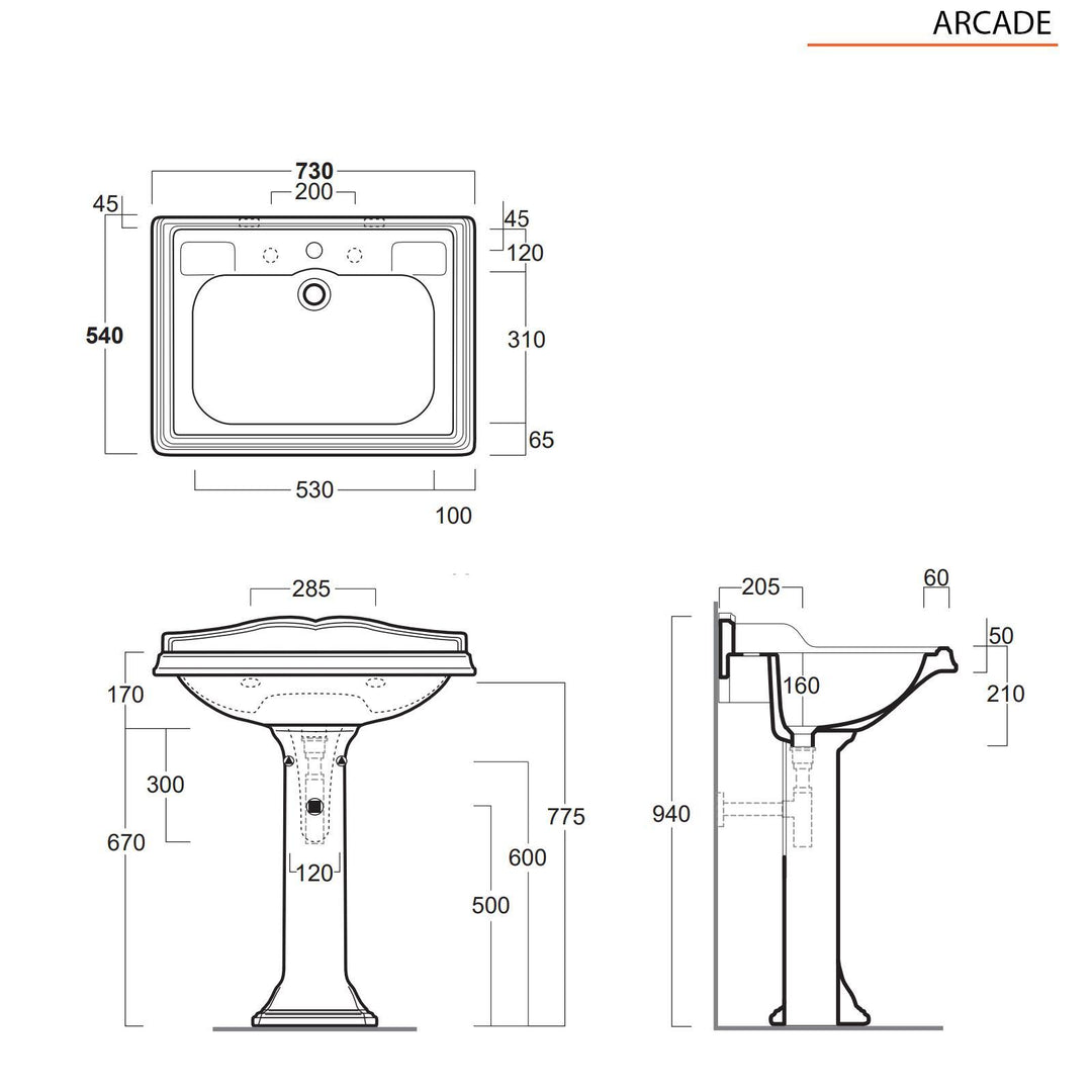 Single hole washbasin 73 cm with white ceramic column - Arcade by Simas