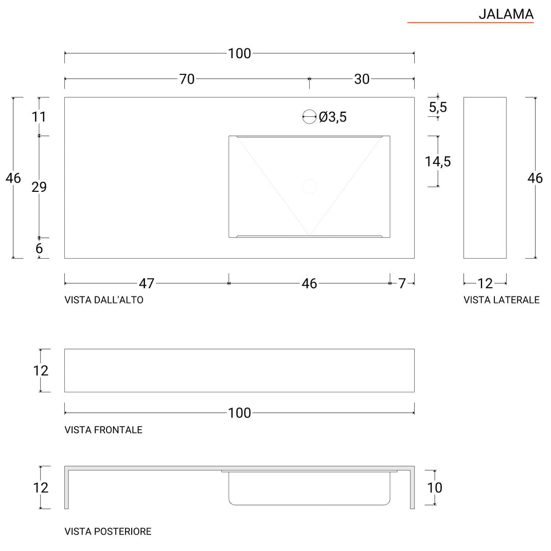 100cm suspended washbasin with HPL top - right basin