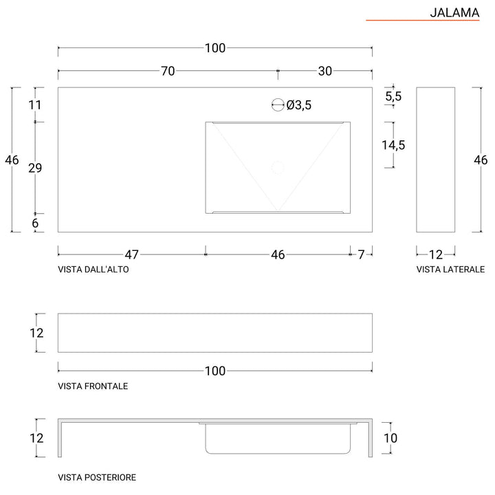 100cm suspended washbasin with HPL top - right basin