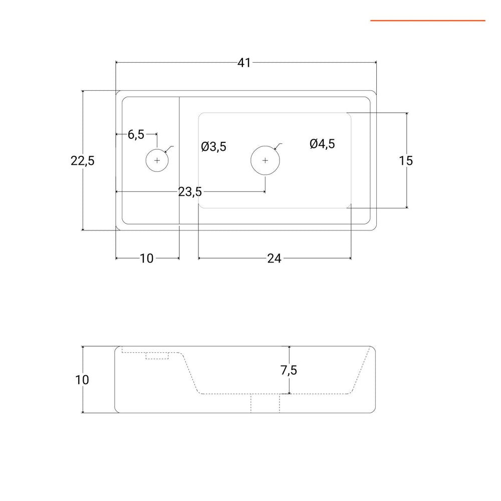 Rectangular wall-hung basin side view