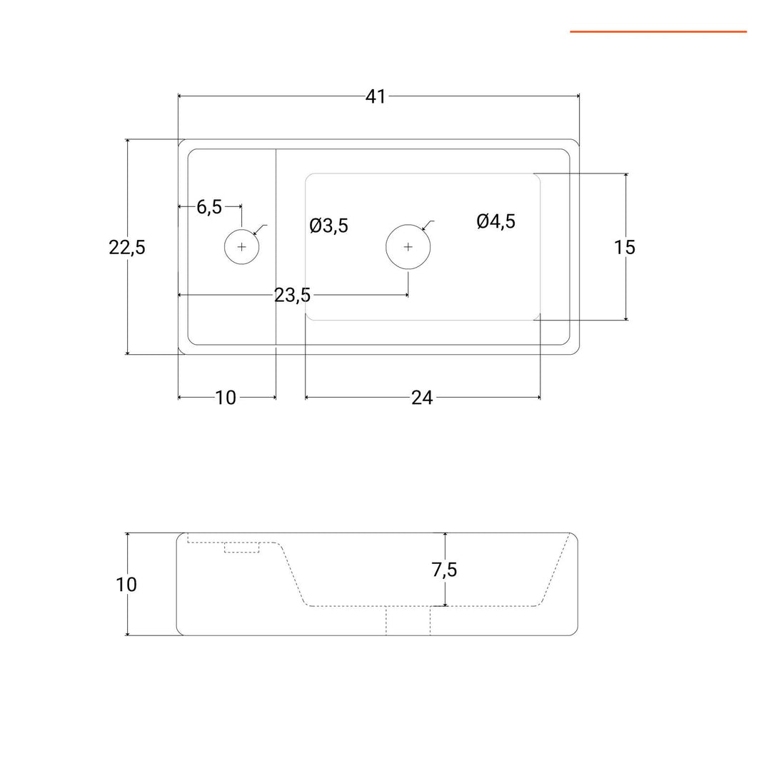 Rectangular wall-hung basin side view