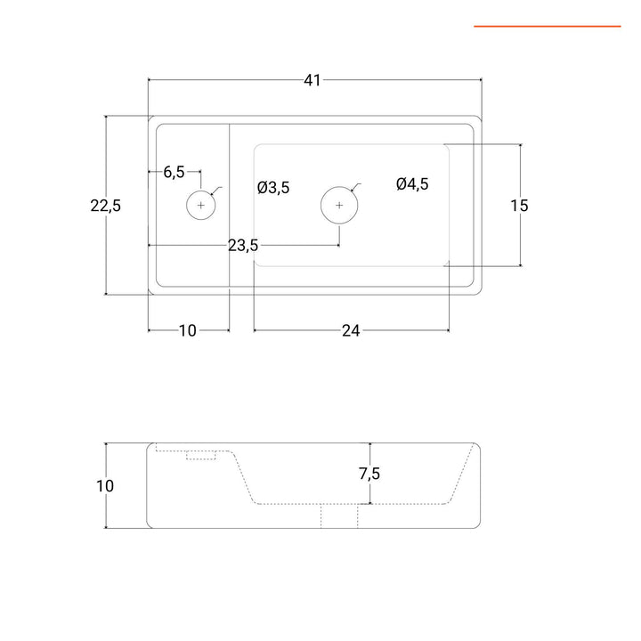 Rectangular wall-hung basin side view