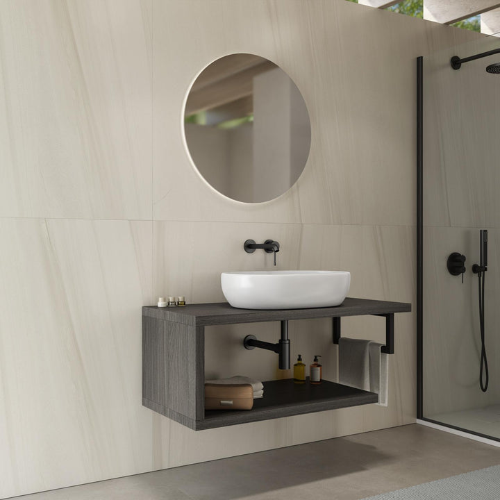 Bathroom Shelf 110 cm in Grey Oak with Shelf and Black Towel Holder – Plain