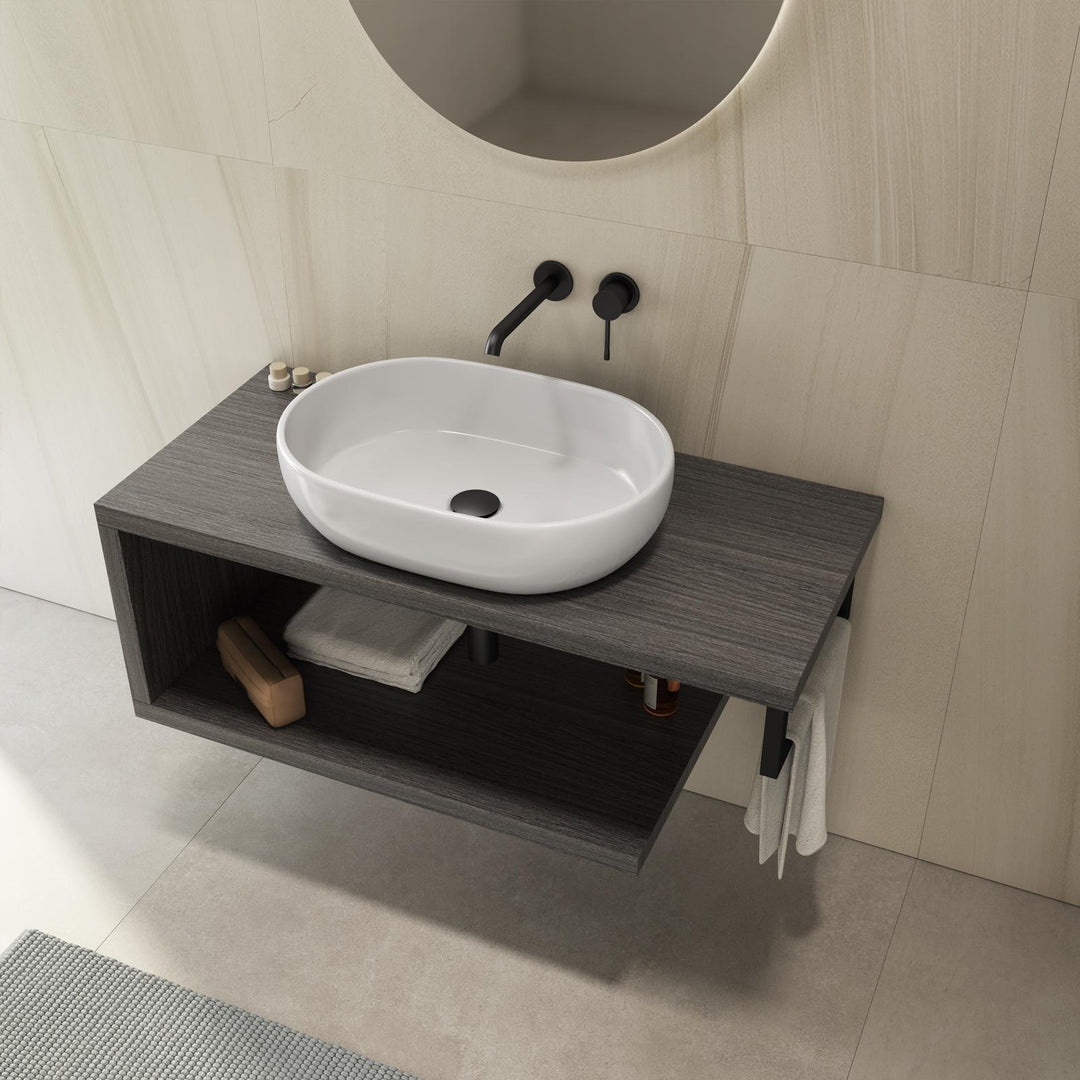 Bathroom Shelf 110 cm in Grey Oak with Shelf and Black Towel Holder – Plain