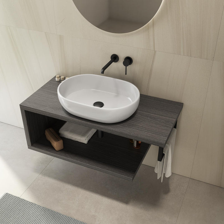 Bathroom Shelf 110 cm in Grey Oak with Shelf and Black Towel Holder – Plain