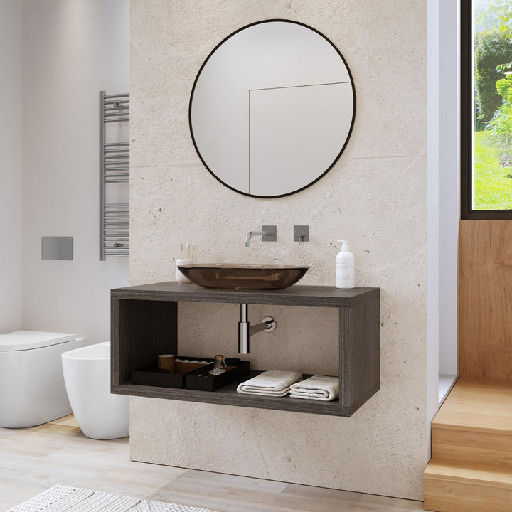 110 cm suspended bathroom shelf with open compartment in grey oak wood - Plain