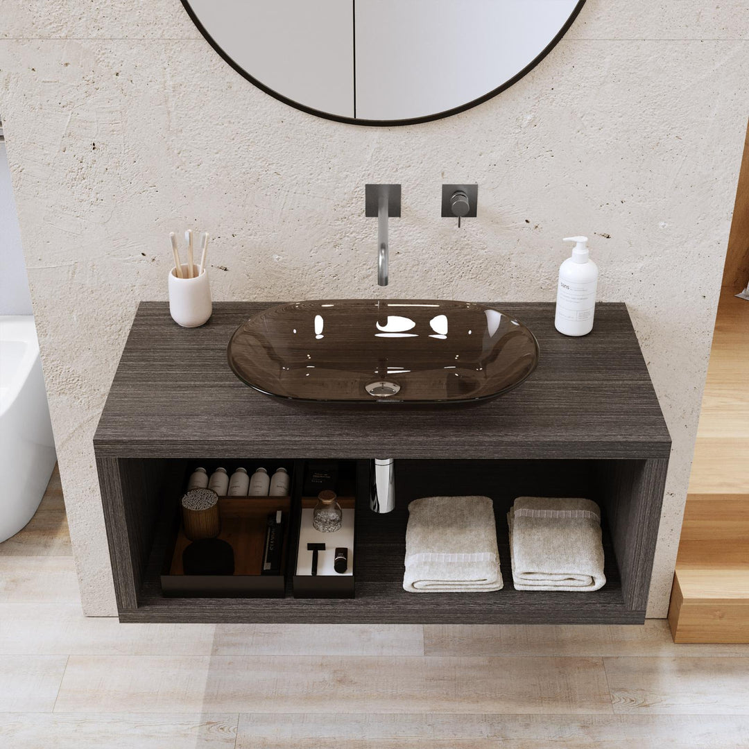 110 cm suspended bathroom shelf with open compartment in grey oak wood - Plain