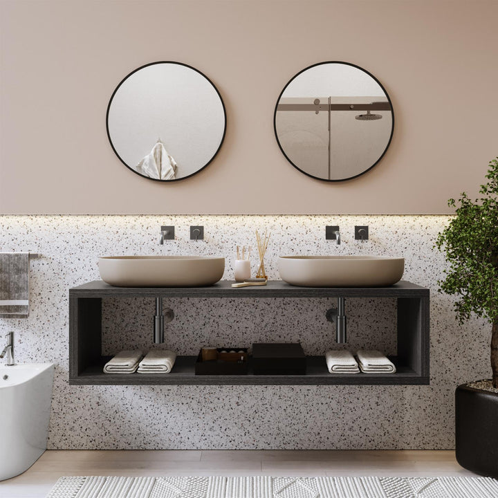 160 cm suspended bathroom shelf with open compartment in grey oak wood - Plain