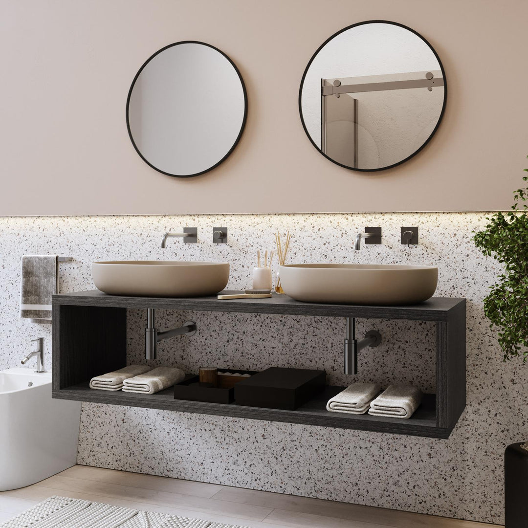 160 cm suspended bathroom shelf with open compartment in grey oak wood - Plain