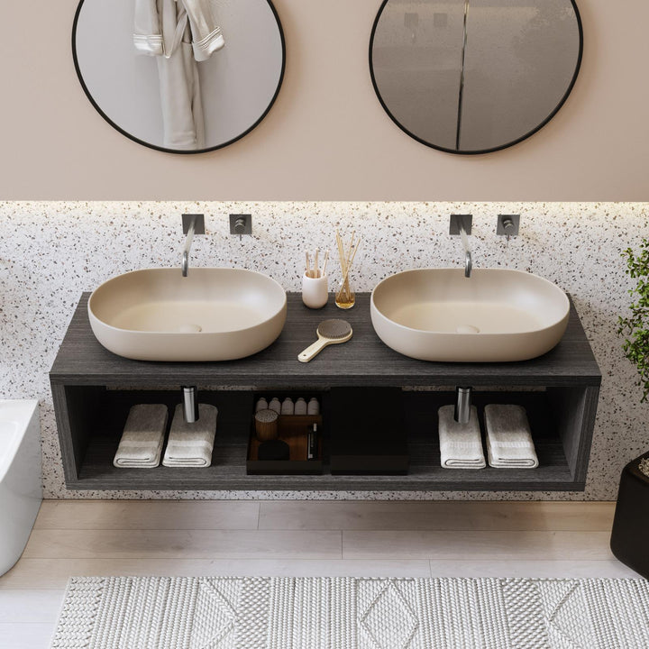 160 cm suspended bathroom shelf with open compartment in grey oak wood - Plain