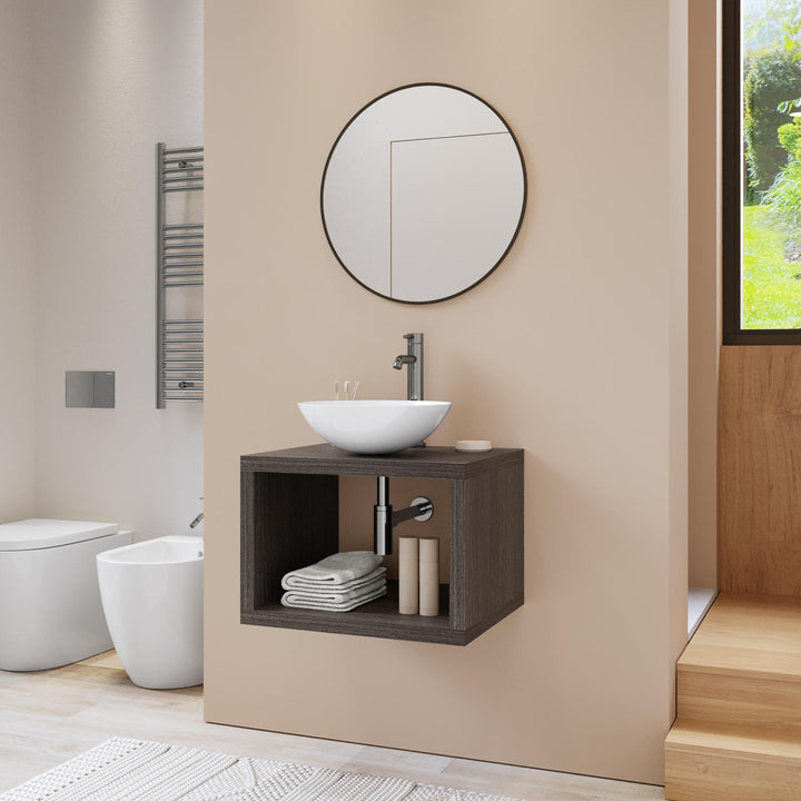60 cm suspended bathroom shelf with open compartment in grey oak wood - Plain