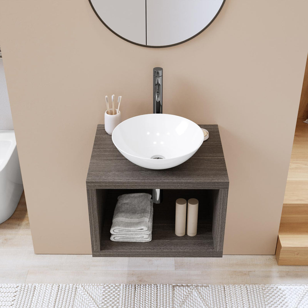 60 cm suspended bathroom shelf with open compartment in grey oak wood - Plain