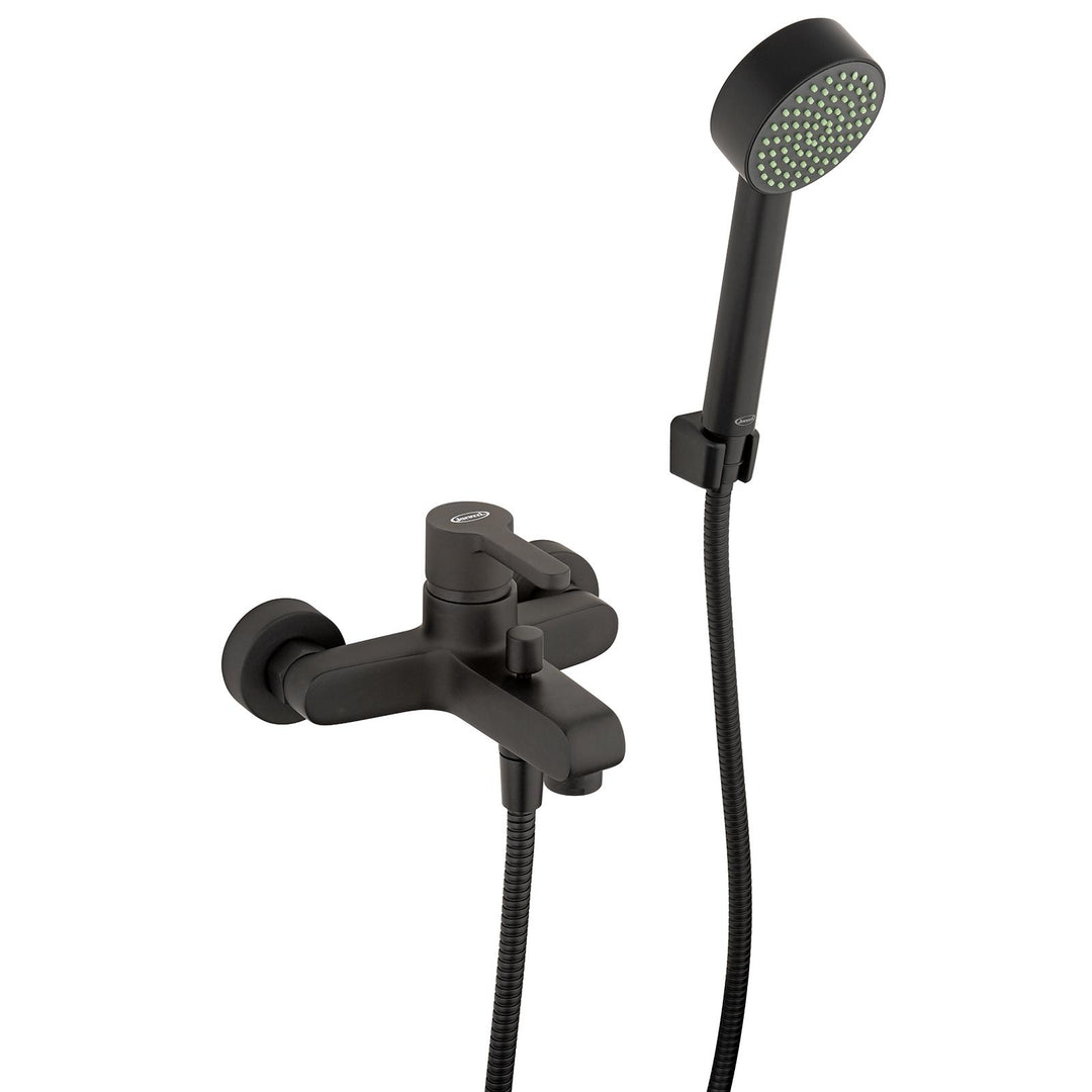 Matt black bath mixer with Jacuzzi bathroom accessories - Flag taps