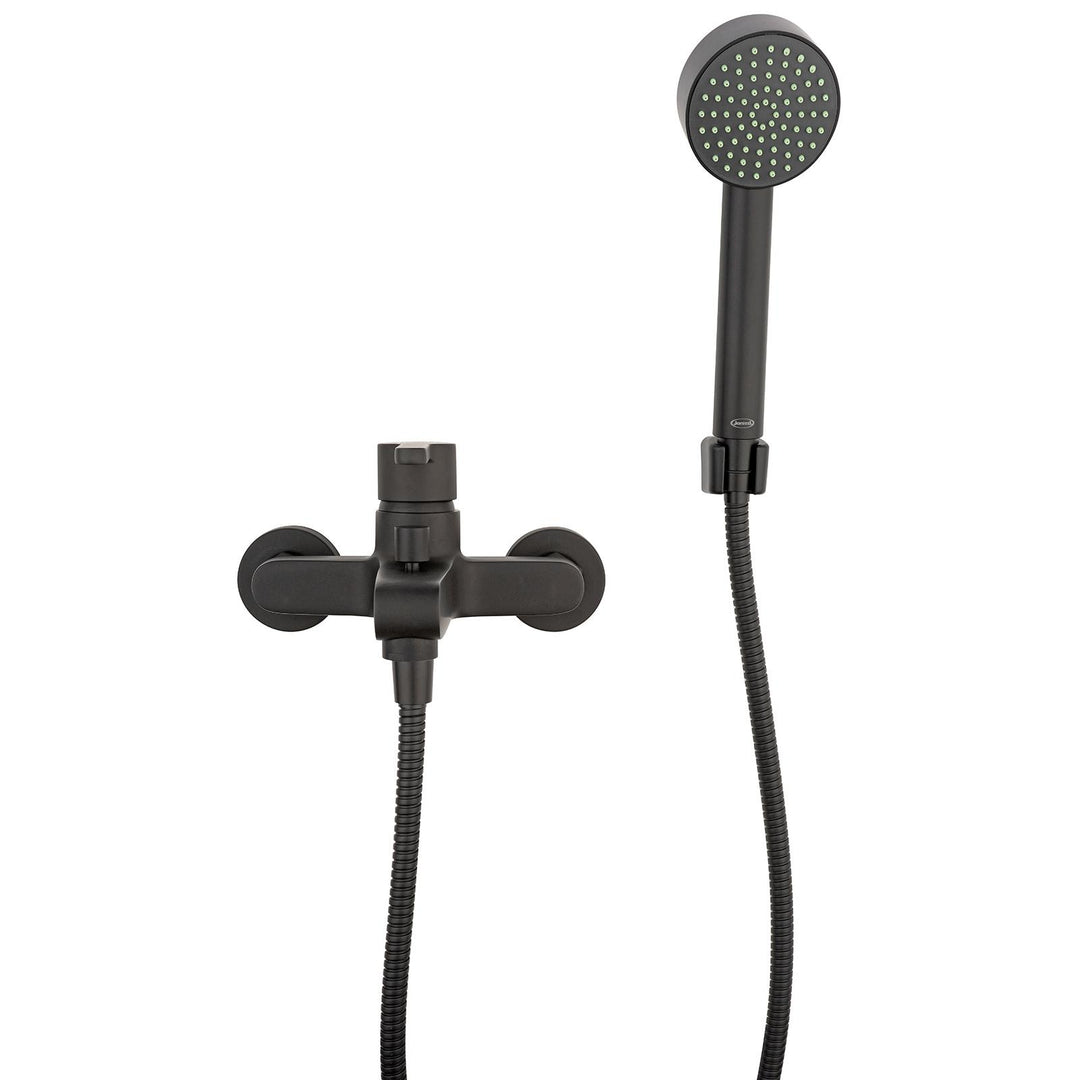 Matt black bath mixer with Jacuzzi bathroom accessories - Flag taps