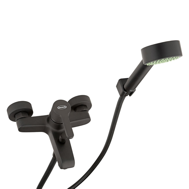 Matt black bath mixer with Jacuzzi bathroom accessories - Flag taps