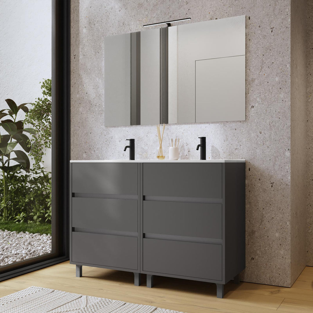 Floor standing bathroom cabinet 120 cm matt anthracite with double sink and mirror - Calipso