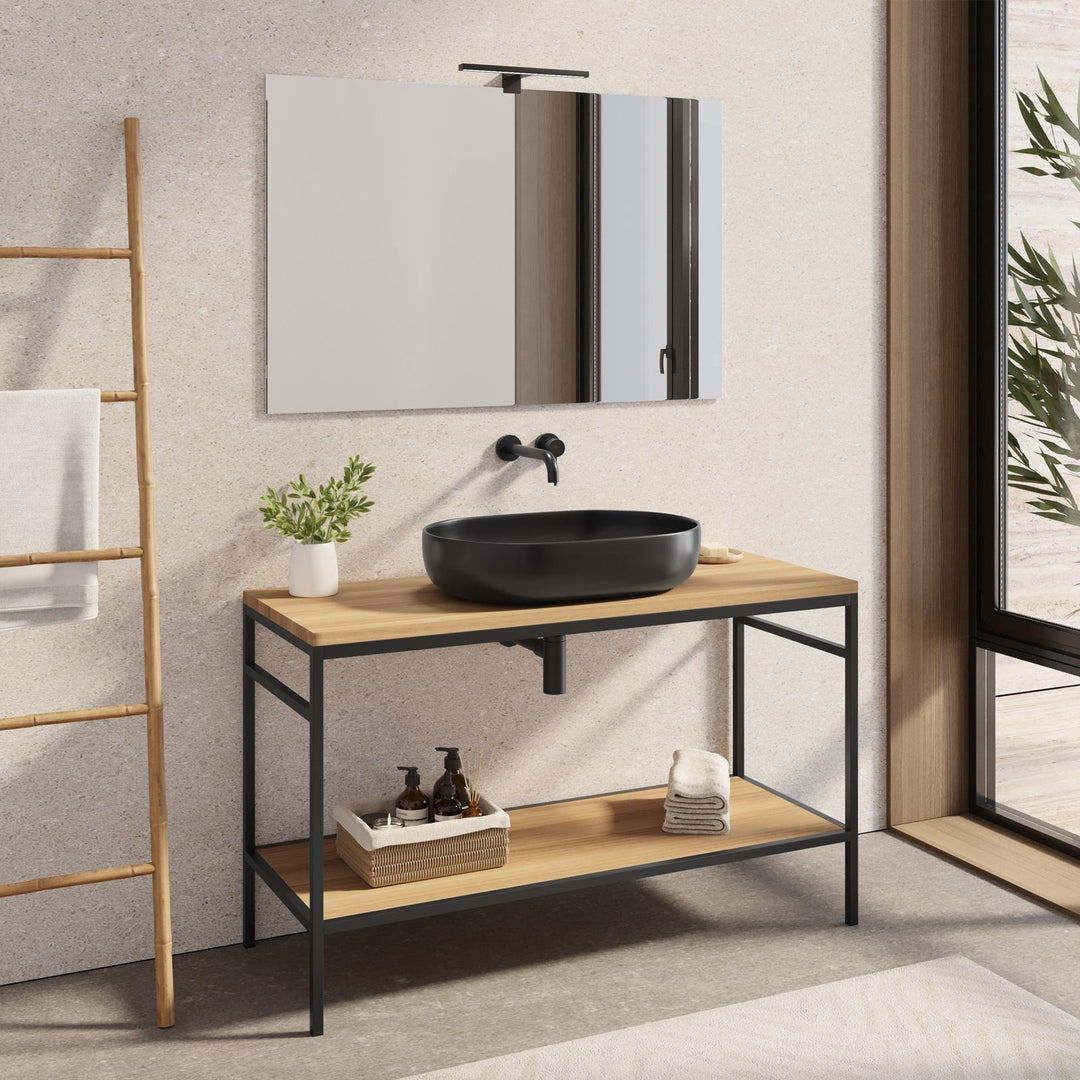 Floor standing bathroom cabinet 120 cm black and oak washbasin unit with mirror - Axis