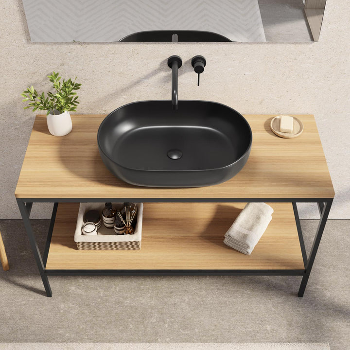 Floor standing bathroom cabinet 120 cm black and oak washbasin unit with mirror - Axis