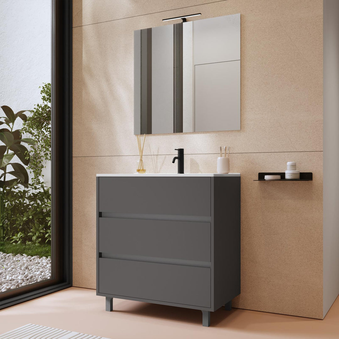 Floor standing bathroom cabinet 80 cm matt anthracite with sink and mirror - Calipso