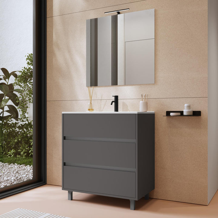 Floor standing bathroom cabinet 80 cm matt anthracite with sink and mirror - Calipso