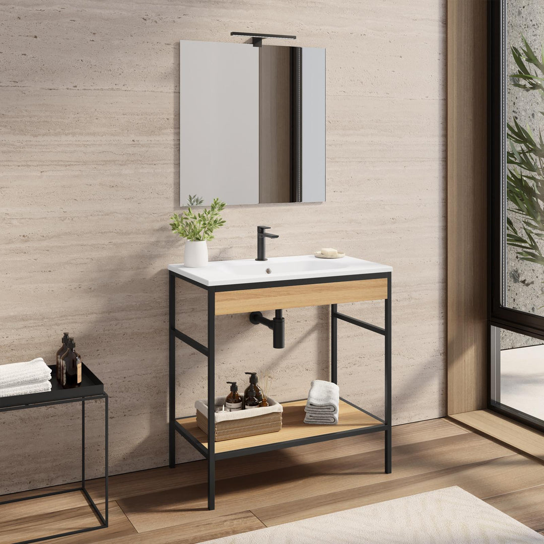 Floor standing bathroom cabinet 80 cm black and oak with integrated sink and mirror - Axis