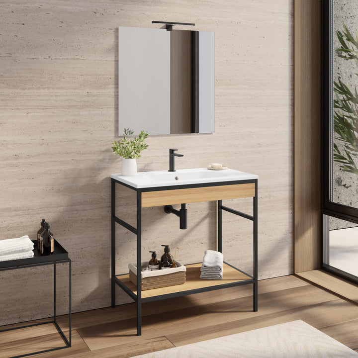 Floor standing bathroom cabinet 80 cm black and oak with integrated sink and mirror - Axis