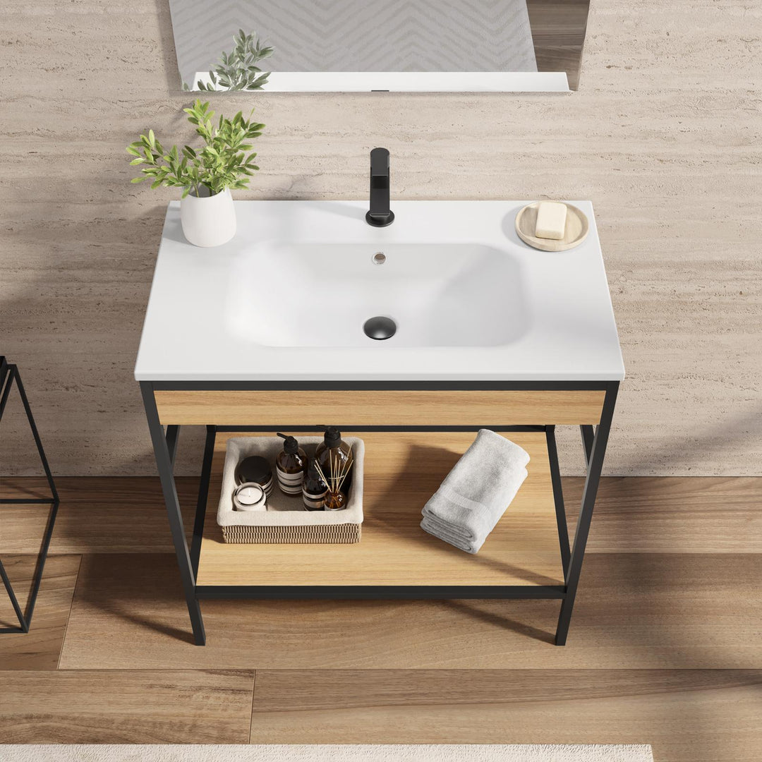 Floor standing bathroom cabinet 80 cm black and oak with integrated sink and mirror - Axis