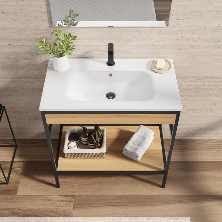 Floor standing bathroom cabinet 80 cm black and oak with integrated sink and mirror - Axis