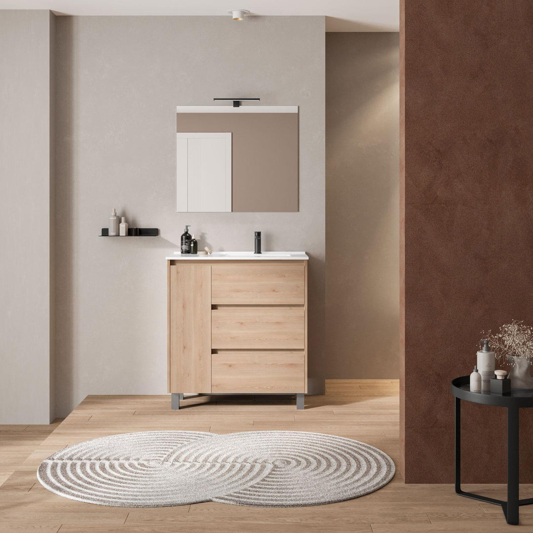 Libras 85 cm oak atlas bathroom cabinet with right sink and mirror