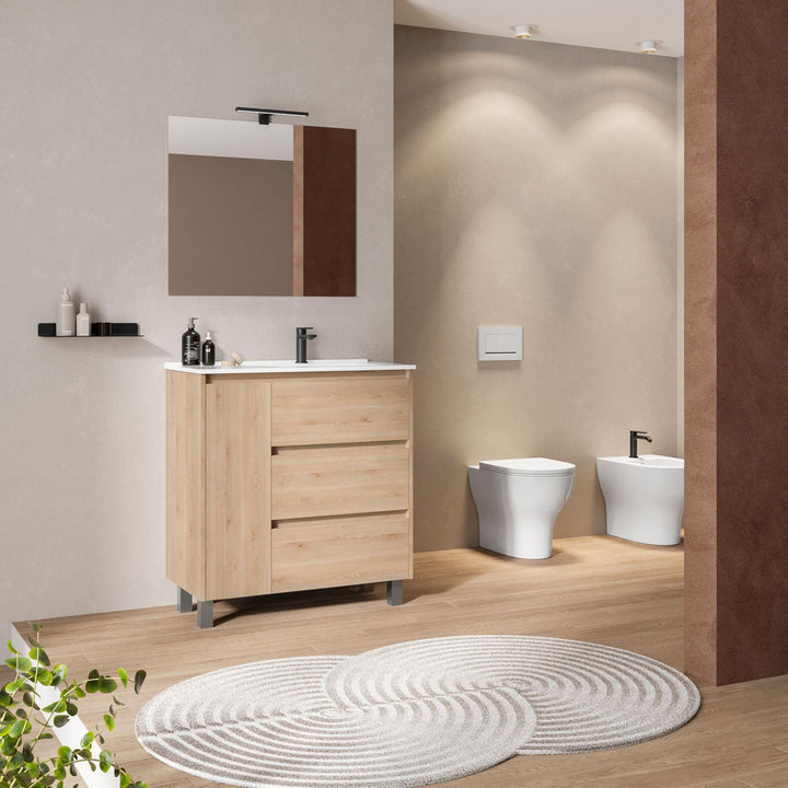 Floor standing bathroom cabinet 85 cm oak atlas with right sink and mirror - Libras