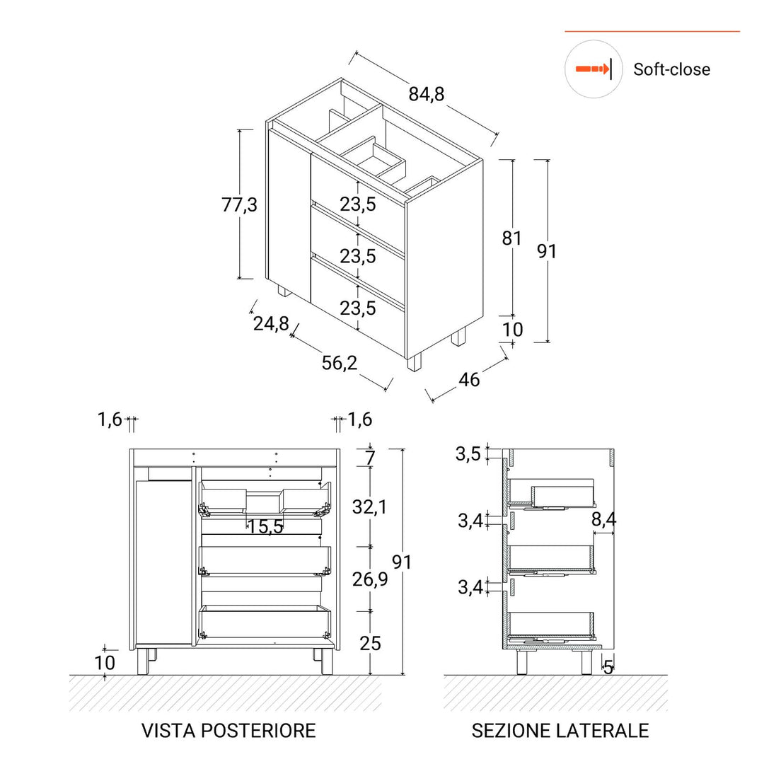 Floor standing bathroom cabinet 85 cm oak atlas with right sink and mirror - Libras