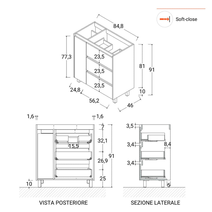 Floor standing bathroom cabinet 85 cm oak atlas with right sink and mirror - Libras