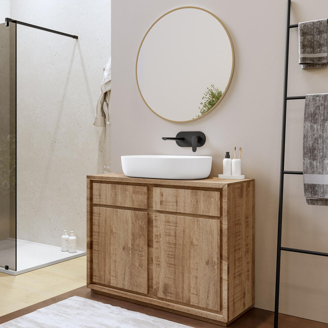 Bathroom cabinet with washbasin 100 cm natural mango and mirror - Jaiden