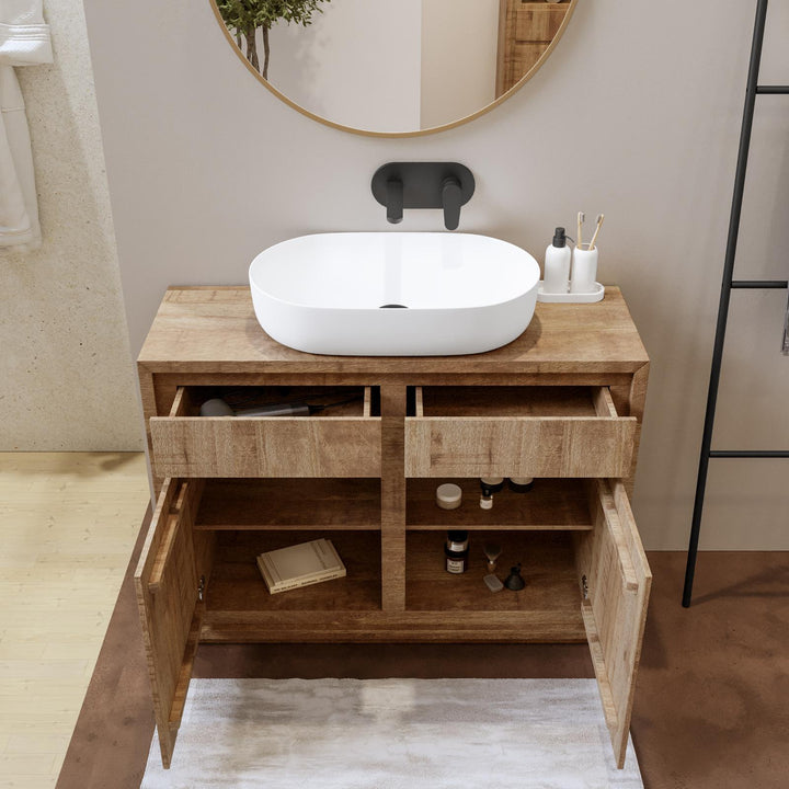 Bathroom cabinet with washbasin 100 cm natural mango and mirror - Jaiden