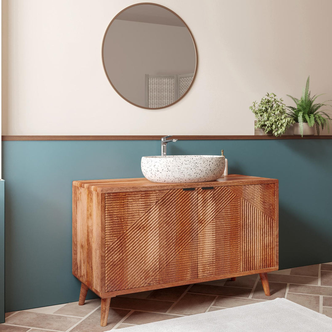 Bathroom vanity unit 120 cm ribbed effect with 2 doors in natural mango and mirror - Fluente