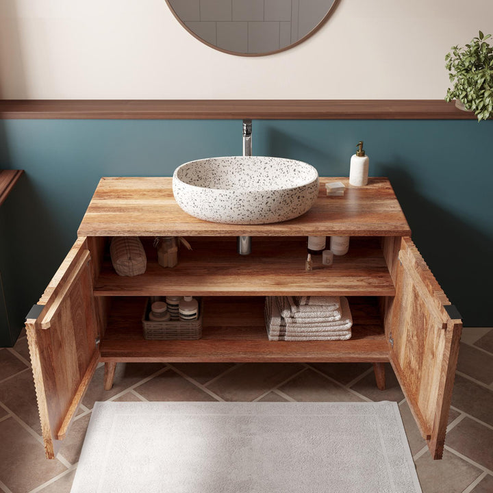 Bathroom vanity unit 120 cm ribbed effect with 2 doors in natural mango and mirror - Fluente