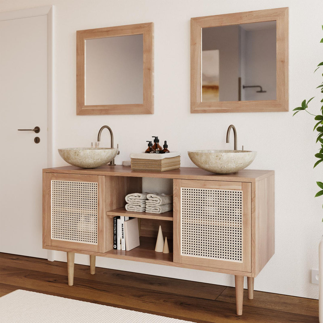 Bathroom vanity unit 135 cm with 2 doors in natural teak and Vienna straw - Malindi