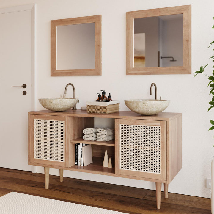 Bathroom vanity unit 135 cm with 2 doors in natural teak and Vienna straw - Malindi