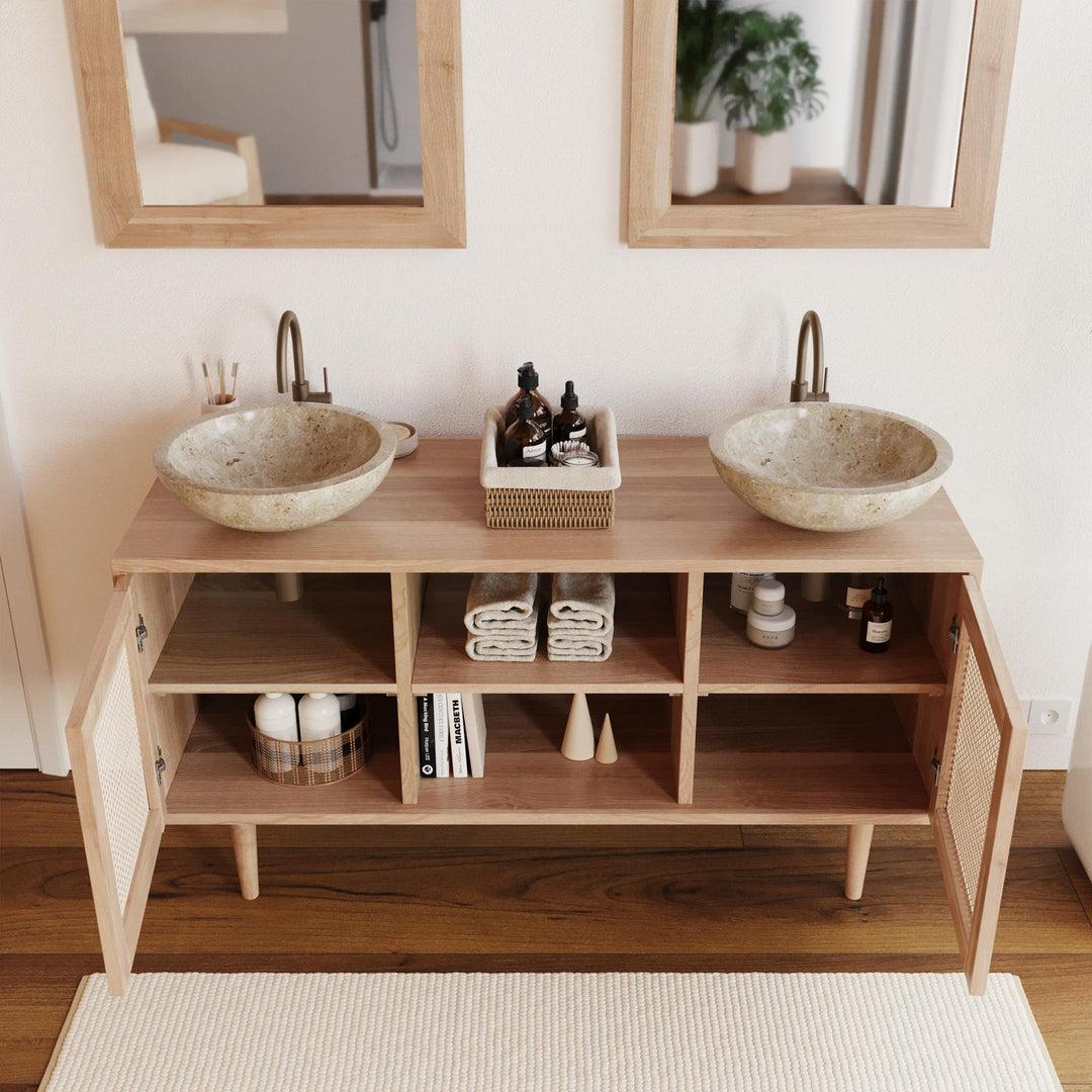 Bathroom vanity unit 135 cm with 2 doors in natural teak and Vienna straw - Malindi