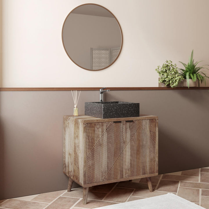 Bathroom vanity unit 80 cm with 2 doors in natural mango and mirror - Fluente
