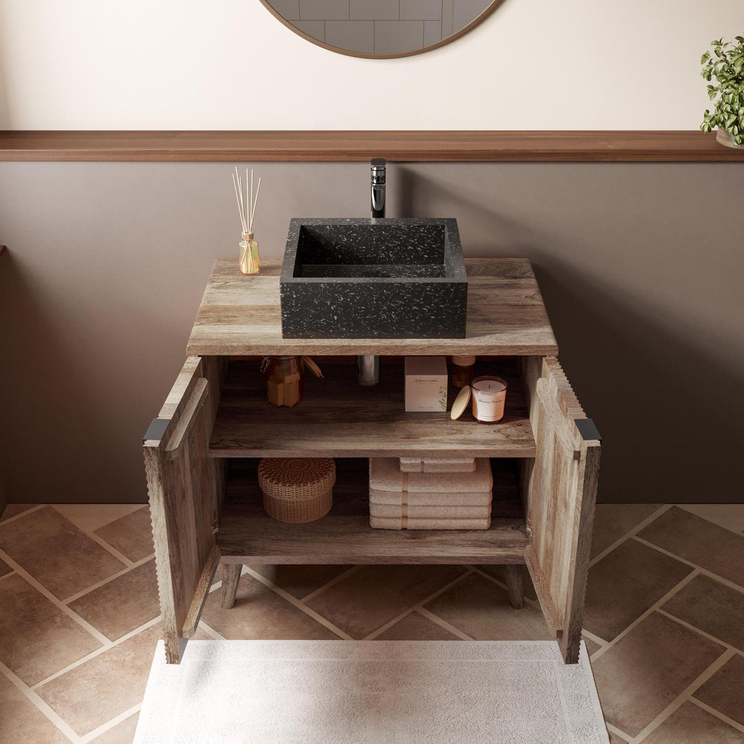 Bathroom vanity unit 80 cm with 2 doors in natural mango and mirror - Fluente